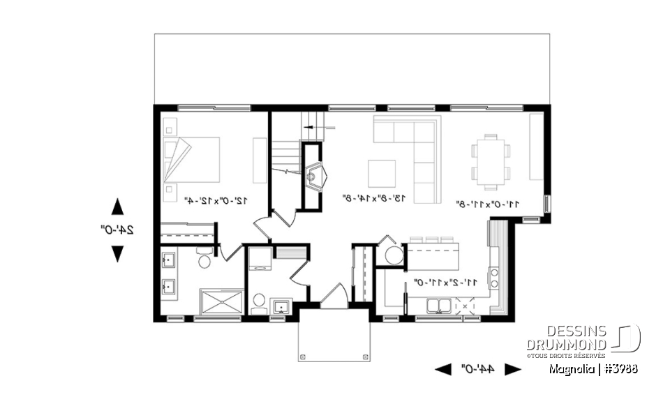 Rez-de-chaussée - Maison de style fermette moderne à aire ouverte avec foyer, cuisine avec îlot, salle de bain privé aux parents - Magnolia