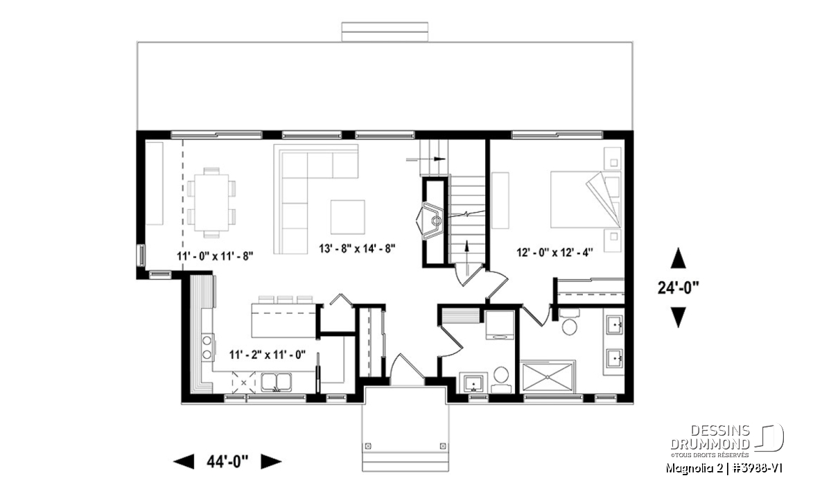 Rez-de-chaussée - Maison de style fermette moderne à aire ouverte avec foyer, cuisine avec îlot, salle de bain privé aux parents - Magnolia 2