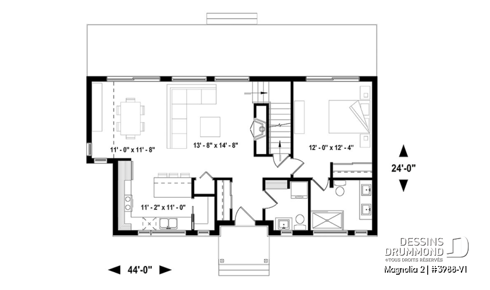 Rez-de-chaussée - Maison de style fermette moderne à aire ouverte avec foyer, cuisine avec îlot, salle de bain privé aux parents - Magnolia 2
