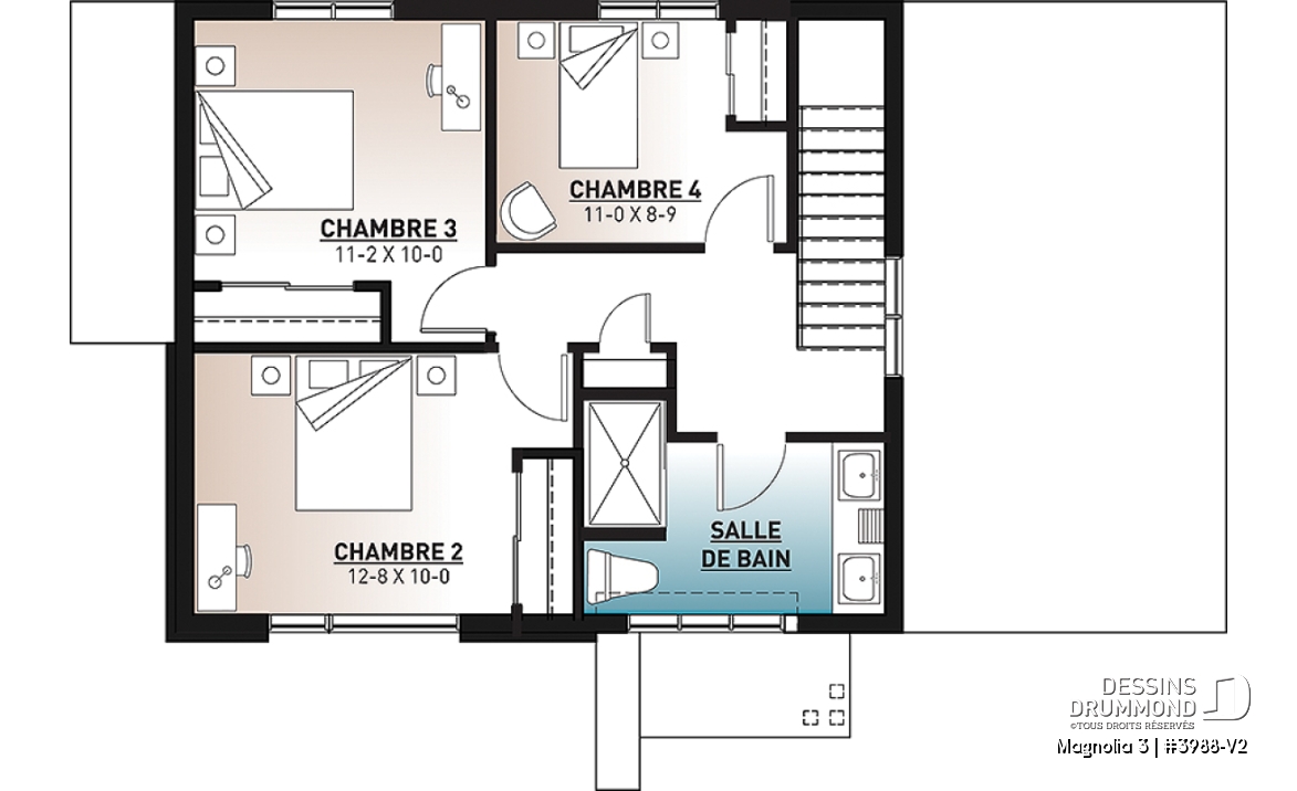 Étage - Plan de maison moderne cubique 4 chambres, plafond à 9' au rez-de-chaussée, aire ouverte, vestiaire - Magnolia 3