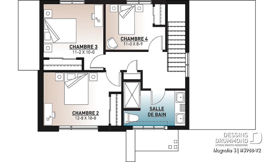 Étage - Plan de maison moderne cubique 4 chambres, plafond à 9' au rez-de-chaussée, aire ouverte, vestiaire - Magnolia 3