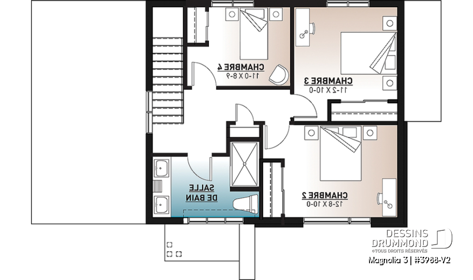 Étage - Plan de maison moderne cubique 4 chambres, plafond à 9' au rez-de-chaussée, aire ouverte, vestiaire - Magnolia 3