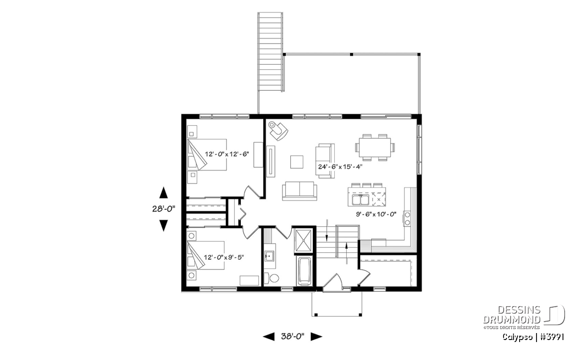Rez-de-chaussée - Plan de chalet moderne, possibilité de 4 chambres, terrasse abritée, poêle à bois, vestiaire, rez-de-jardin - Calypso