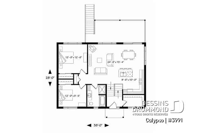 Rez-de-chaussée - Plan de chalet moderne, possibilité de 4 chambres, terrasse abritée, poêle à bois, vestiaire, rez-de-jardin - Calypso