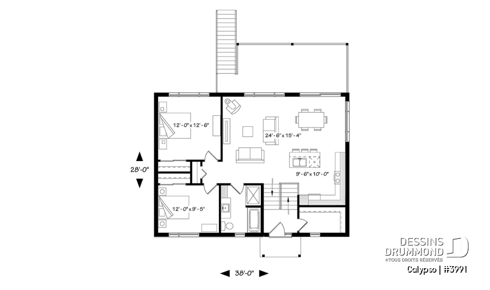 Rez-de-chaussée - Plan de chalet moderne, possibilité de 4 chambres, terrasse abritée, poêle à bois, vestiaire, rez-de-jardin - Calypso