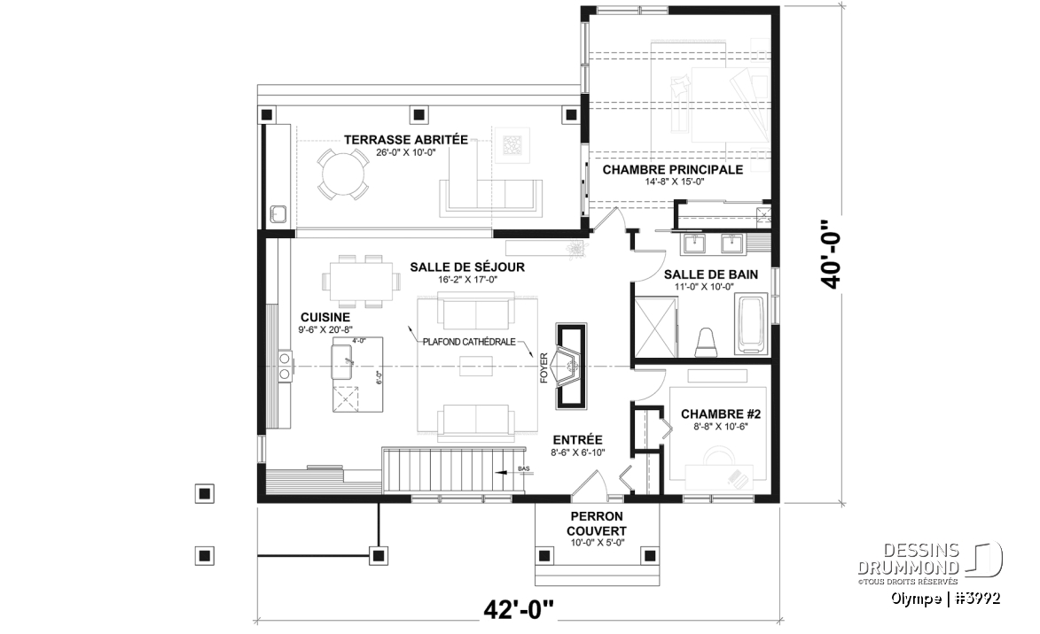 Rez-de-chaussée - Plan de maison scandinave moderne, plafond cathédrale avec poutres de bois, cuisine extérieure abritée, foyer - Olympe