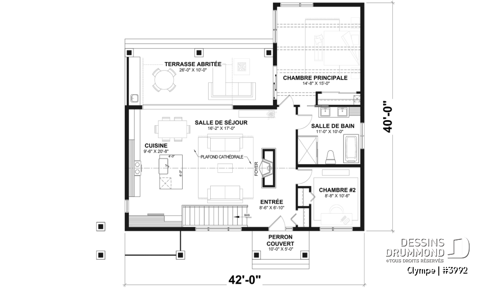 Rez-de-chaussée - Plan de maison scandinave moderne, plafond cathédrale avec poutres de bois, cuisine extérieure abritée, foyer - Olympe