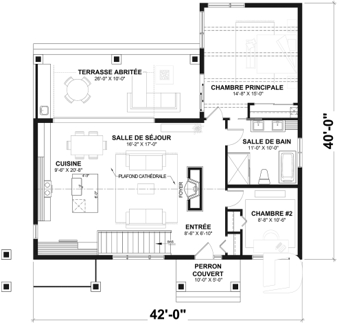 Rez-de-chaussée - Plan de maison scandinave moderne, plafond cathédrale avec poutres de bois, cuisine extérieure abritée, foyer - Olympe