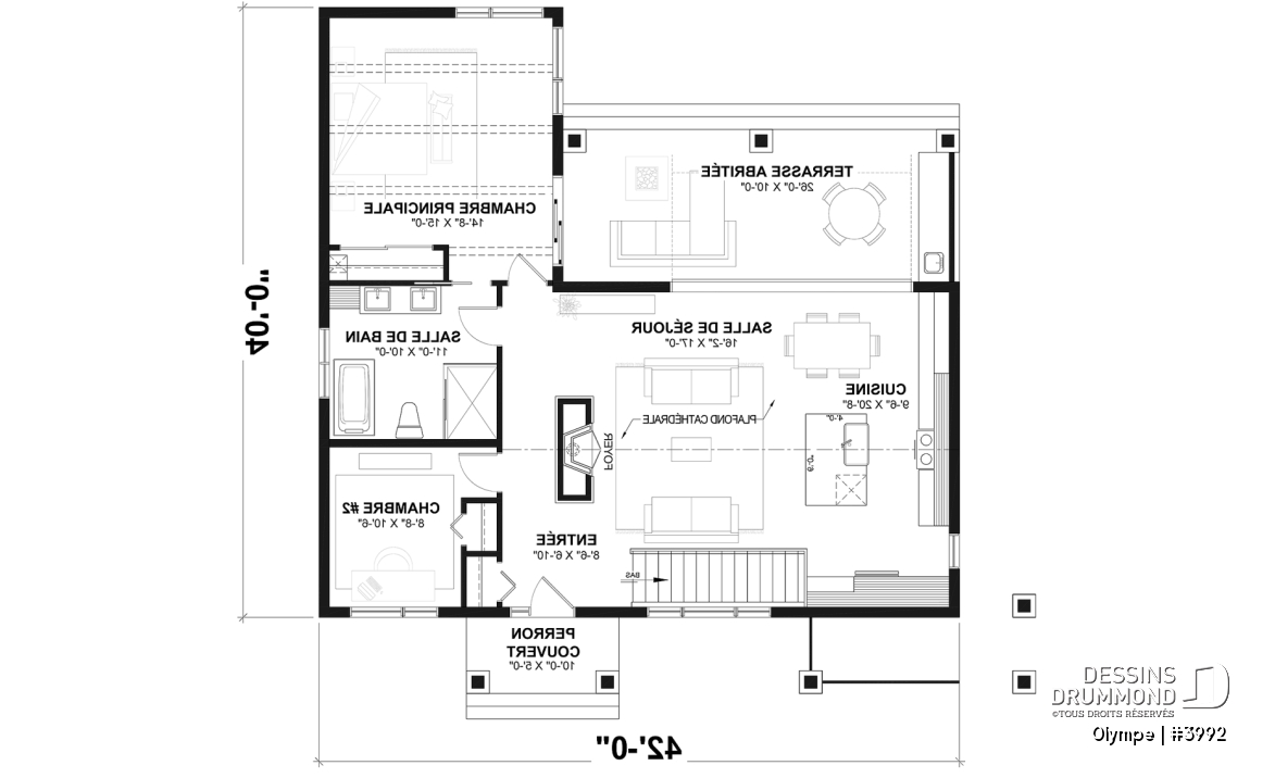 Rez-de-chaussée - Plan de maison scandinave moderne, plafond cathédrale avec poutres de bois, cuisine extérieure abritée, foyer - Olympe