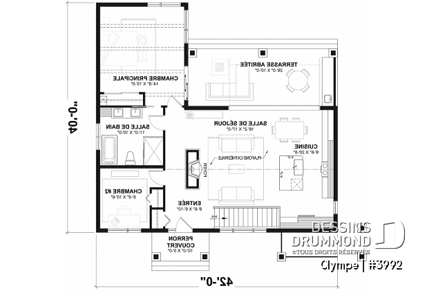 Rez-de-chaussée du plan de maison unifamiliale 3992 Rez-de-chaussée - Plan de maison Farmhouse Moderne, plafond cathédrale poutres de bois, cuisine extérieure abritée, foyer - Olympe