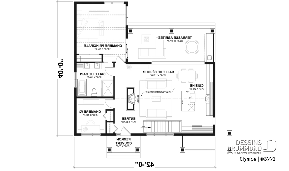 Rez-de-chaussée - Plan de maison scandinave moderne, plafond cathédrale avec poutres de bois, cuisine extérieure abritée, foyer - Olympe