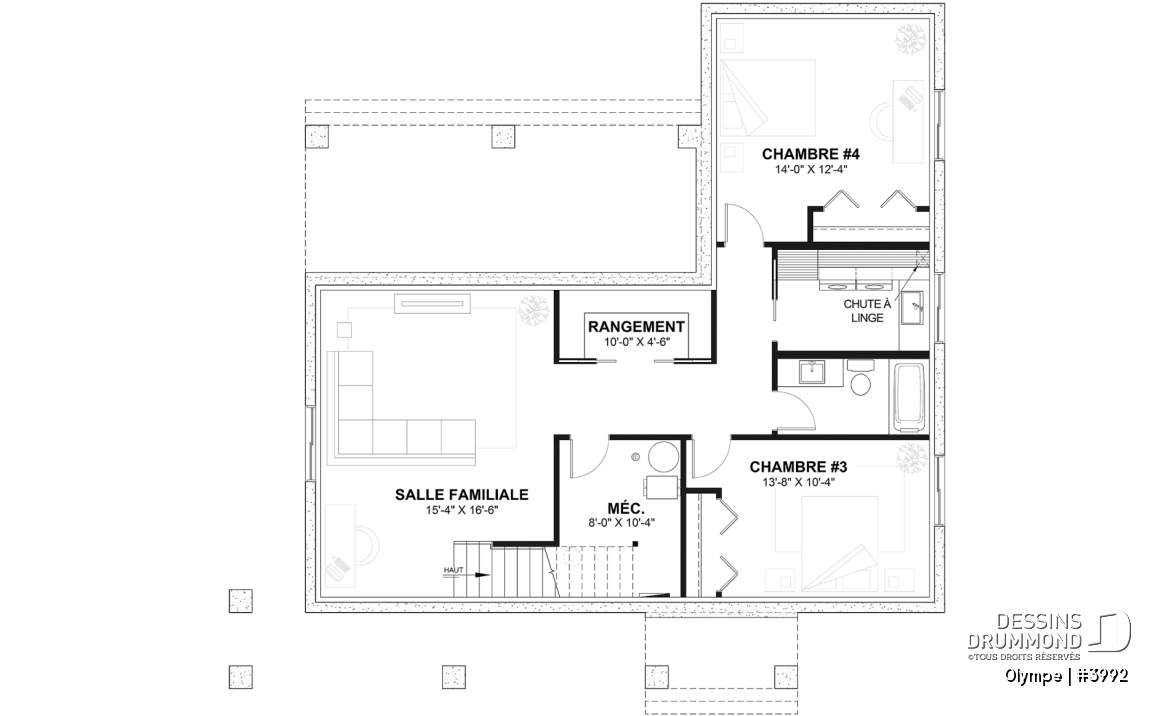 Sous-sol aménagé - Plan de maison scandinave moderne, plafond cathédrale avec poutres de bois, cuisine extérieure abritée, foyer - Olympe