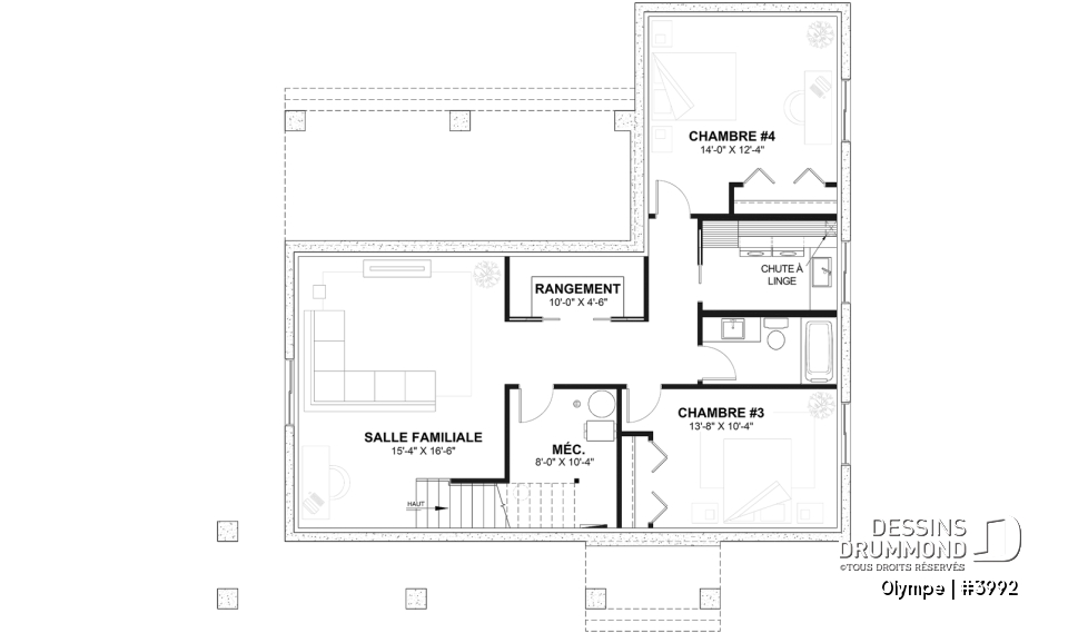 Sous-sol aménagé - Plan de maison scandinave moderne, plafond cathédrale avec poutres de bois, cuisine extérieure abritée, foyer - Olympe