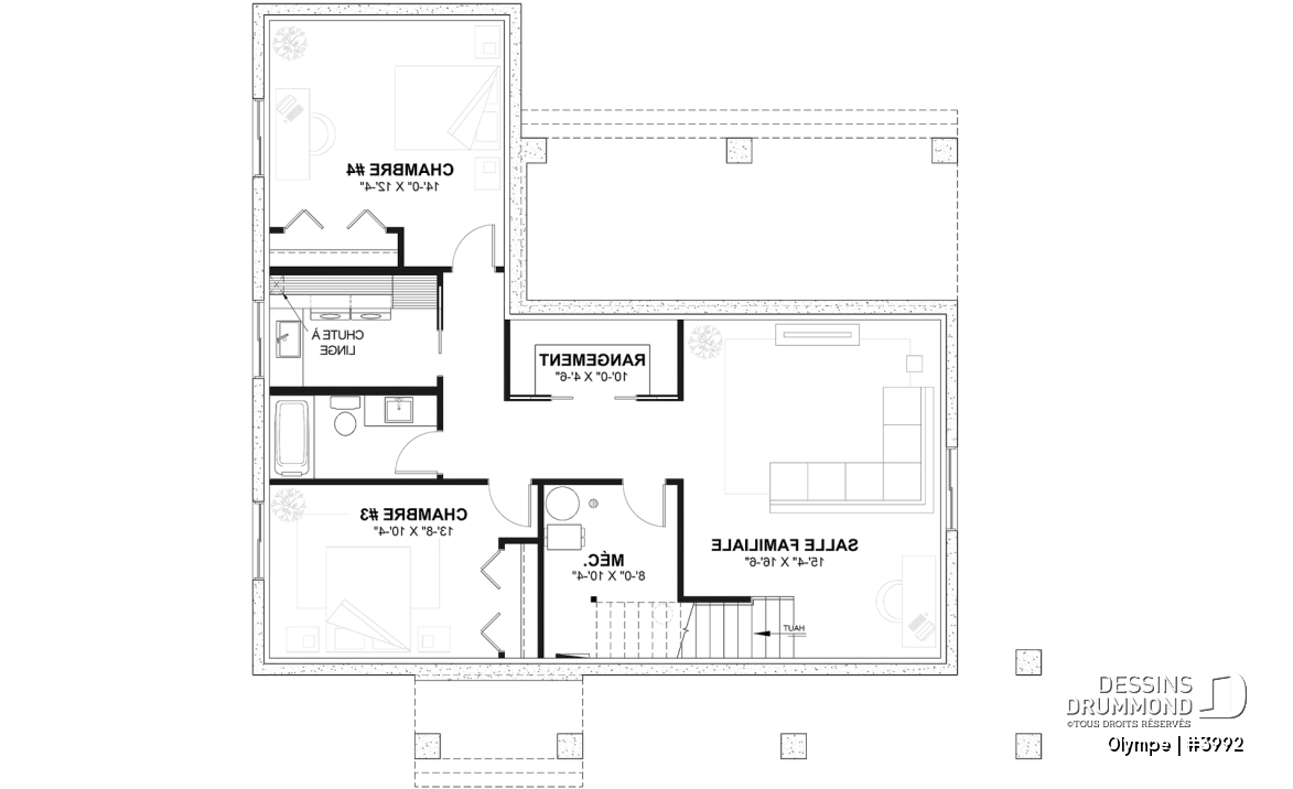 Sous-sol aménagé - Plan de maison scandinave moderne, plafond cathédrale avec poutres de bois, cuisine extérieure abritée, foyer - Olympe