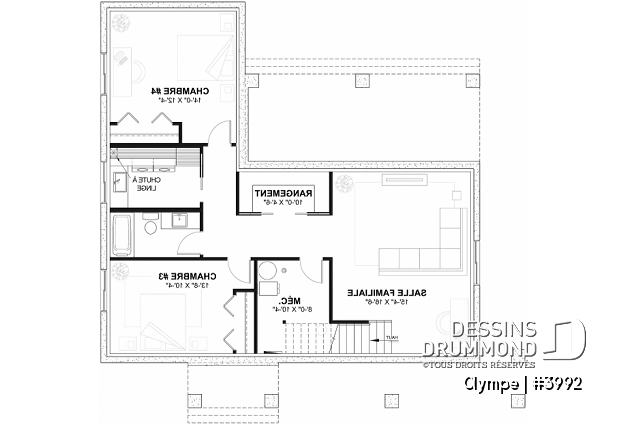 Sous-sol aménagé du plan de maison unifamiliale 3992 Sous-sol aménagé - Plan de maison Farmhouse Moderne, plafond cathédrale poutres de bois, cuisine extérieure abritée, foyer - Olympe