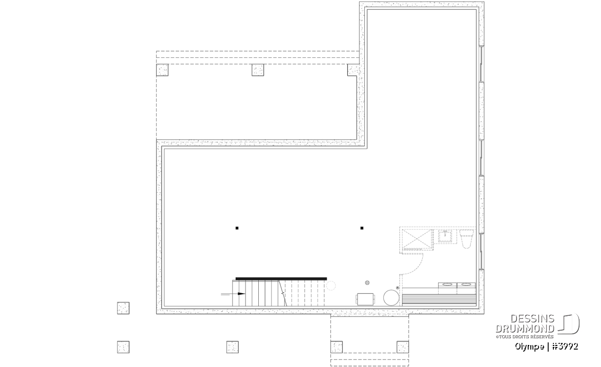 Sous-sol aménageable - Plan de maison scandinave moderne, plafond cathédrale avec poutres de bois, cuisine extérieure abritée, foyer - Olympe