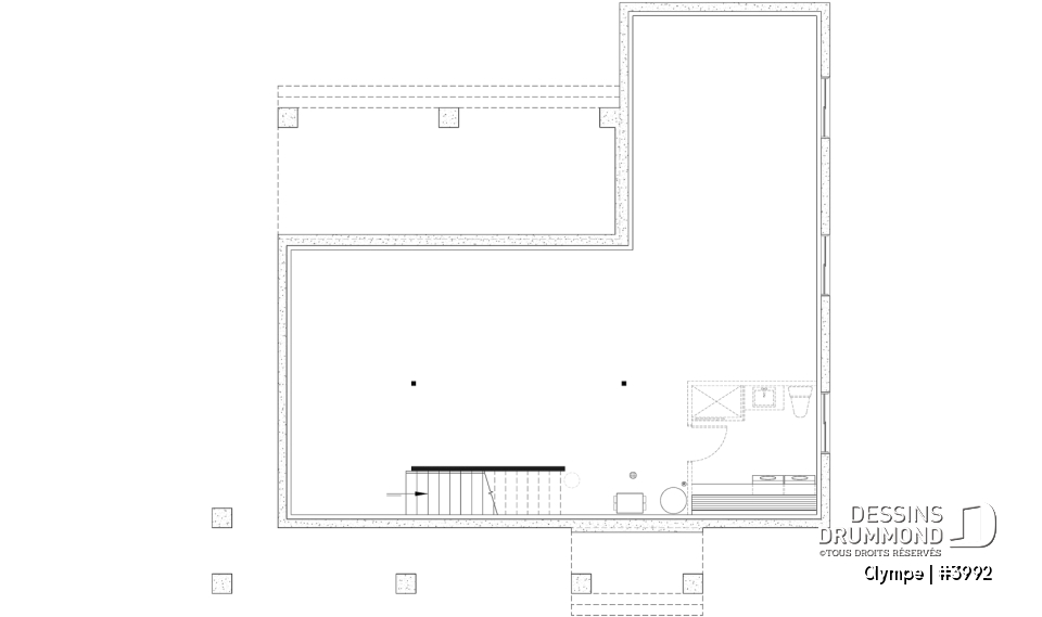 Sous-sol aménageable - Plan de maison scandinave moderne, plafond cathédrale avec poutres de bois, cuisine extérieure abritée, foyer - Olympe