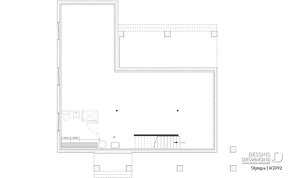 Sous-sol aménageable - Plan de maison scandinave moderne, plafond cathédrale avec poutres de bois, cuisine extérieure abritée, foyer - Olympe