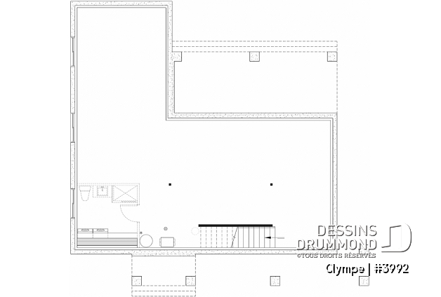 Sous-sol aménageable du plan de maison unifamiliale 3992 Sous-sol aménageable - Plan de maison Farmhouse Moderne, plafond cathédrale poutres de bois, cuisine extérieure abritée, foyer - Olympe