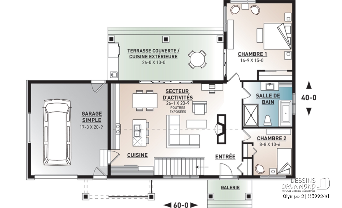 Rez-de-chaussée - Plan de maison plain-pied scandinave avec garage, plafond cathédral, foyer, grande terrasse abritée - Olympe 2