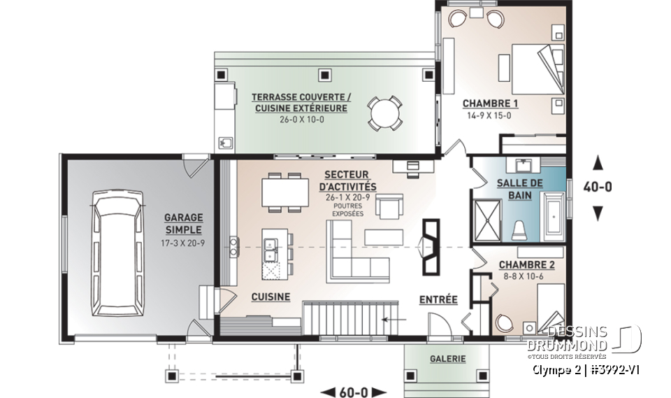 Rez-de-chaussée - Plan de maison plain-pied scandinave avec garage, plafond cathédral, foyer, grande terrasse abritée - Olympe 2