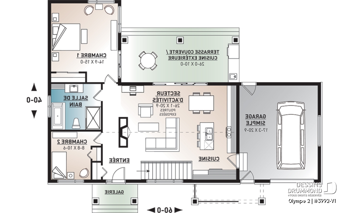 Rez-de-chaussée - Plan de maison plain-pied scandinave avec garage, plafond cathédral, foyer, grande terrasse abritée - Olympe 2