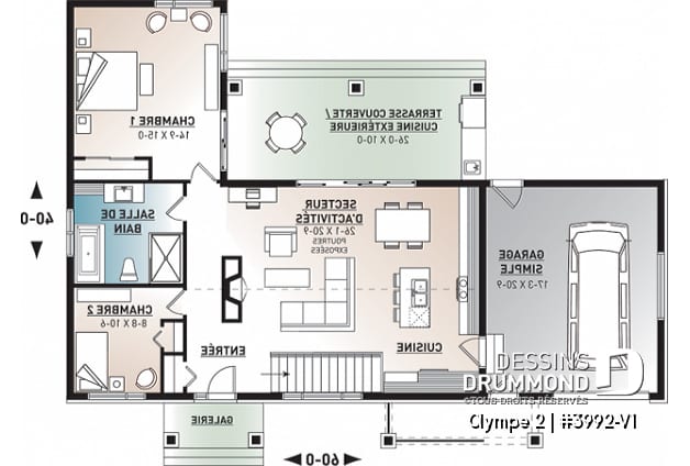 Rez-de-chaussée - Plan de maison plain-pied scandinave avec garage, plafond cathédral, foyer, grande terrasse abritée - Olympe 2