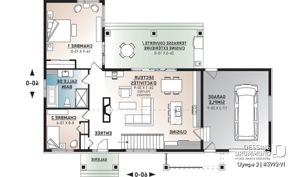 Rez-de-chaussée - Plan de maison plain-pied scandinave avec garage, plafond cathédral, foyer, grande terrasse abritée - Olympe 2