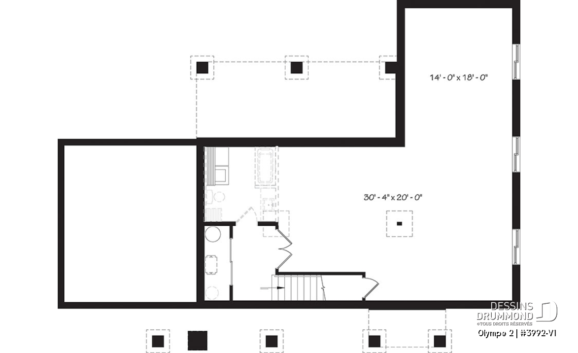 Sous-sol - Plan de maison plain-pied scandinave avec garage, plafond cathédral, foyer, grande terrasse abritée - Olympe 2
