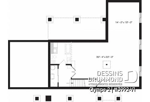 Sous-sol - Plan de maison plain-pied scandinave avec garage, plafond cathédral, foyer, grande terrasse abritée - Olympe 2