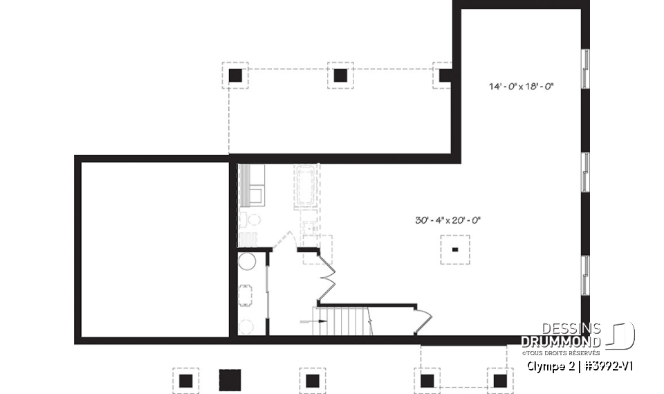 Sous-sol - Plan de maison plain-pied scandinave avec garage, plafond cathédral, foyer, grande terrasse abritée - Olympe 2
