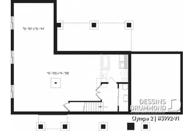 Sous-sol - Plan de maison plain-pied scandinave avec garage, plafond cathédral, foyer, grande terrasse abritée - Olympe 2