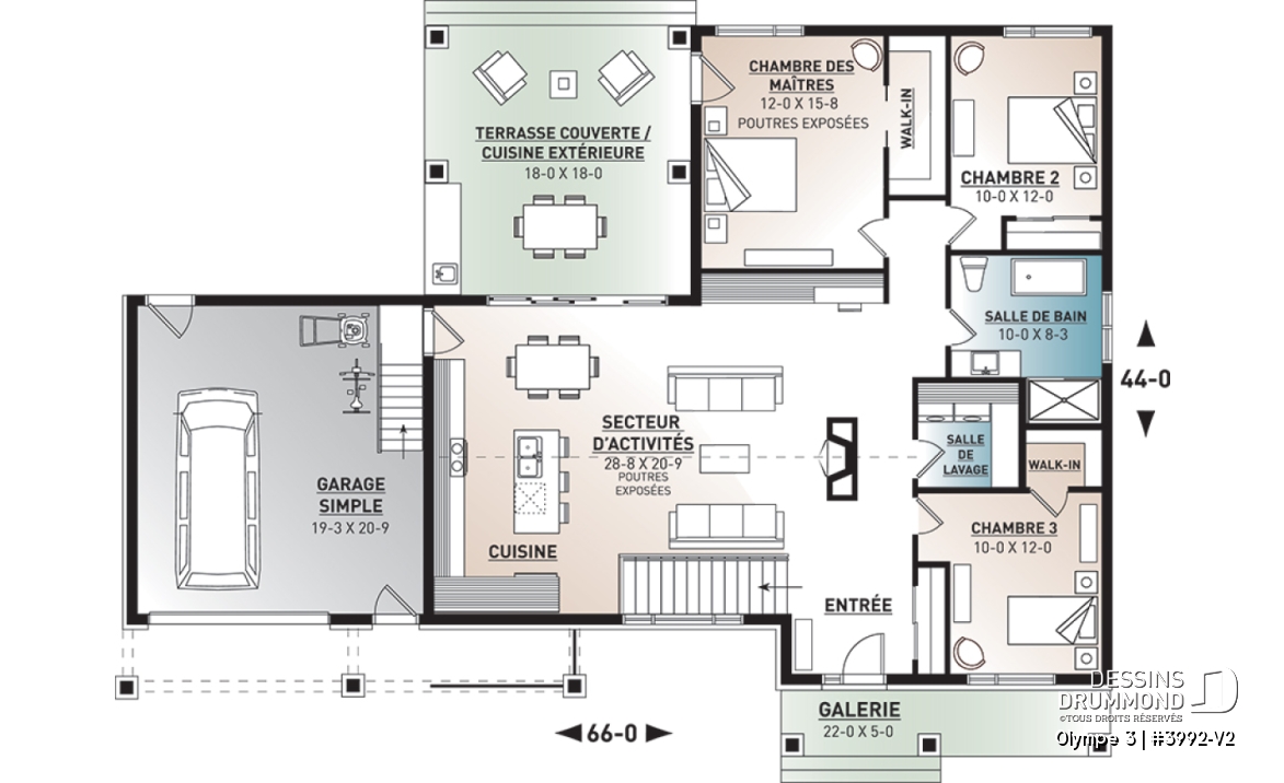 Rez-de-chaussée - Plan de plain-pied 3 chambres, garage, terrasse abritée, grande cuisine, aire ouverte, foyer, cathédral - Olympe 3