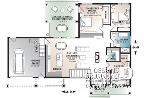 Rez-de-chaussée - Plan de plain-pied 3 chambres, garage, terrasse abritée, grande cuisine, aire ouverte, foyer, cathédral - Olympe 3