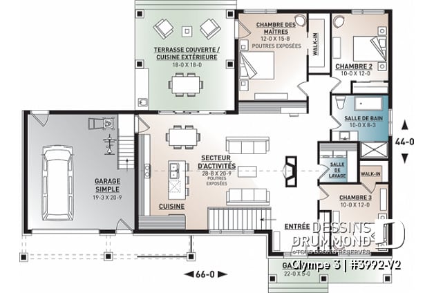 Rez-de-chaussée - Plan de plain-pied 3 chambres, garage, terrasse abritée, grande cuisine, aire ouverte, foyer, cathédral - Olympe 3