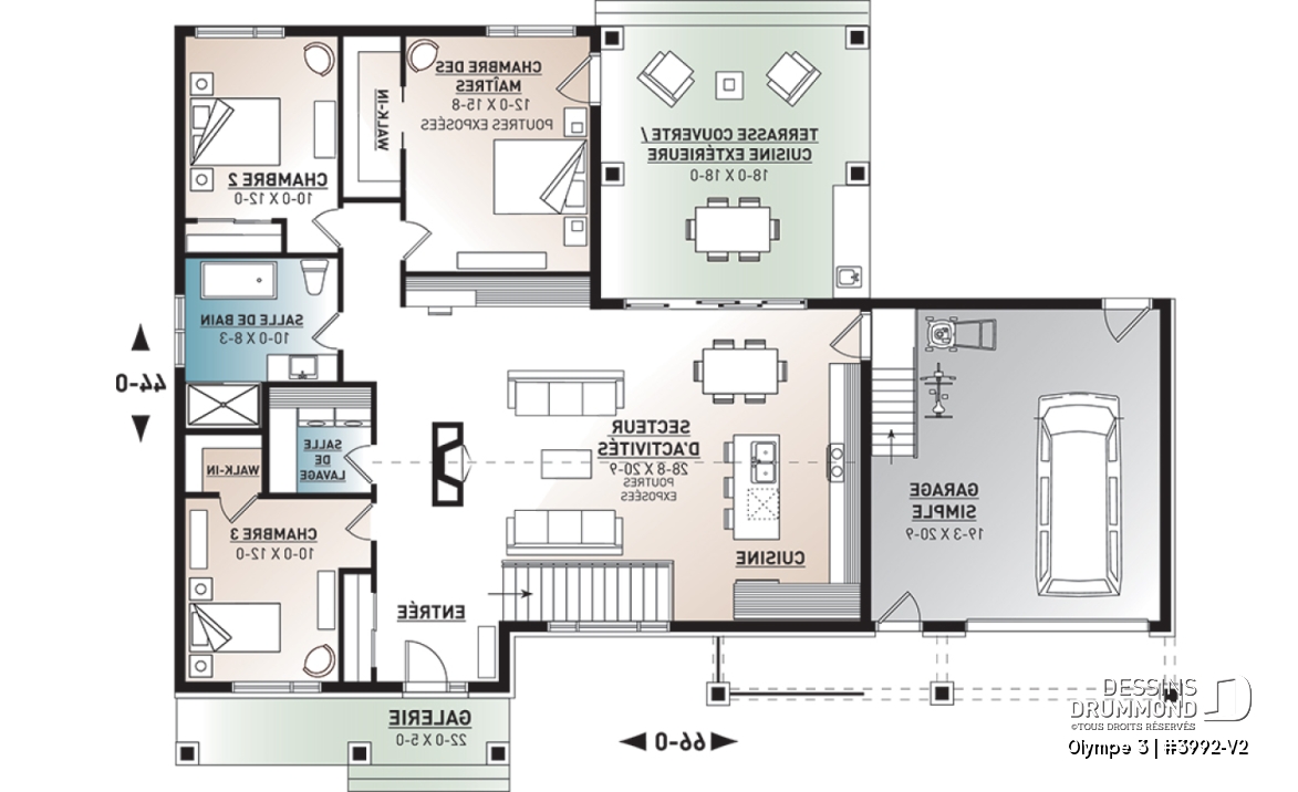 Rez-de-chaussée - Plan de plain-pied 3 chambres, garage, terrasse abritée, grande cuisine, aire ouverte, foyer, cathédral - Olympe 3