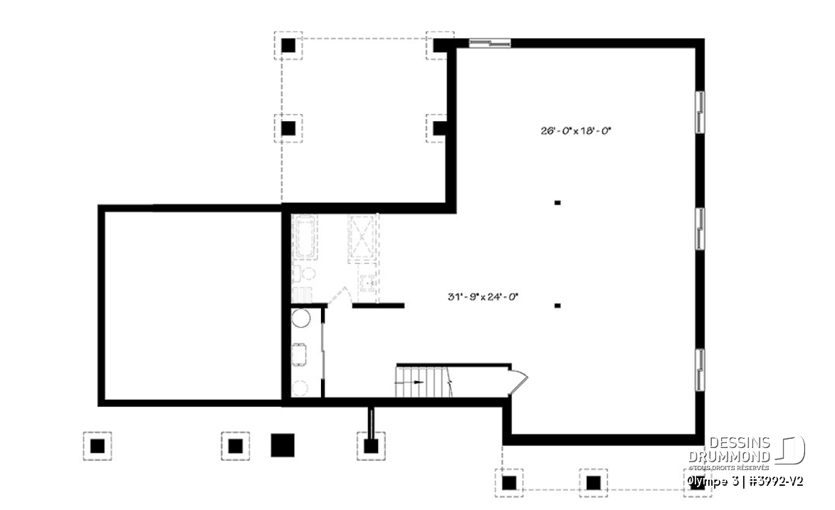 Sous-sol - Plan de plain-pied 3 chambres, garage, terrasse abritée, grande cuisine, aire ouverte, foyer, cathédral - Olympe 3