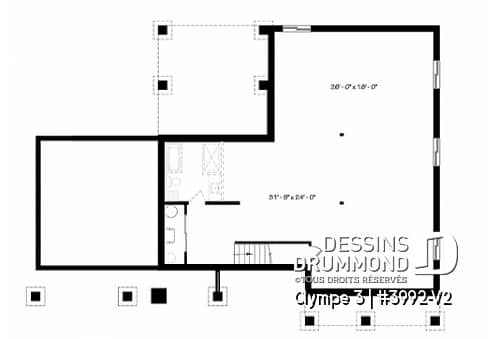 Sous-sol - Plan de plain-pied 3 chambres, garage, terrasse abritée, grande cuisine, aire ouverte, foyer, cathédral - Olympe 3