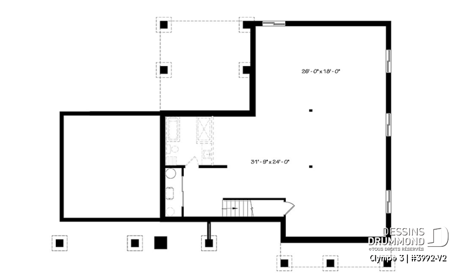 Sous-sol - Plan de plain-pied 3 chambres, garage, terrasse abritée, grande cuisine, aire ouverte, foyer, cathédral - Olympe 3