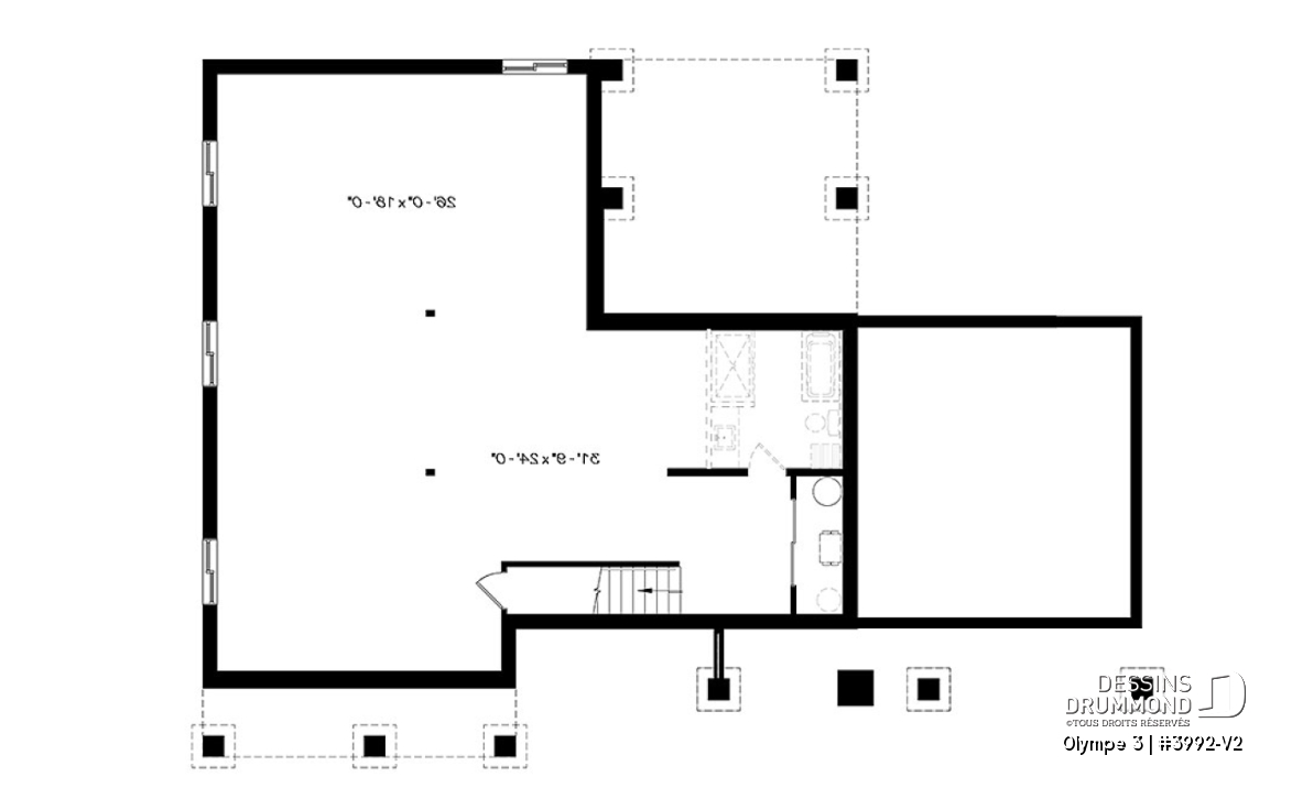 Sous-sol - Plan de plain-pied 3 chambres, garage, terrasse abritée, grande cuisine, aire ouverte, foyer, cathédral - Olympe 3