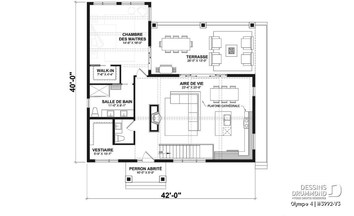 Rez-de-chaussée - Plan de maison ou chalet champêtre – rez-de-jardin, 3 chambres et 2 terrasses couvertes - Olympe 4