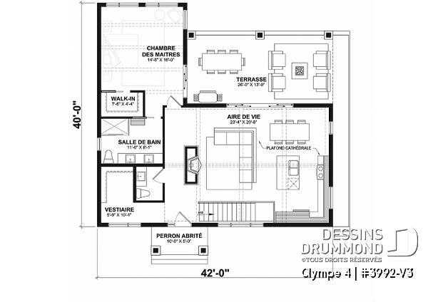 Rez-de-chaussée - Plan de plain-pied, sous-sol en rez-de-jardin, 3 chambres 2.5 s.bain, plafond cathédral avec poutres de bois - Olympe 4
