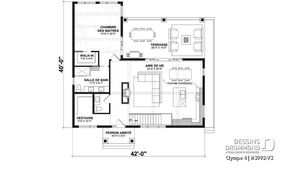 Rez-de-chaussée - Plan de maison ou chalet champêtre – rez-de-jardin, 3 chambres et 2 terrasses couvertes - Olympe 4