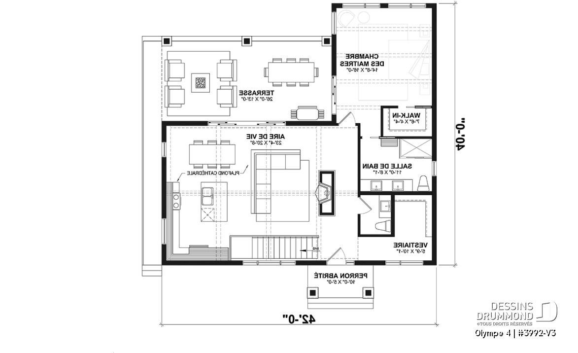 Rez-de-chaussée - Plan de maison ou chalet champêtre – rez-de-jardin, 3 chambres et 2 terrasses couvertes - Olympe 4