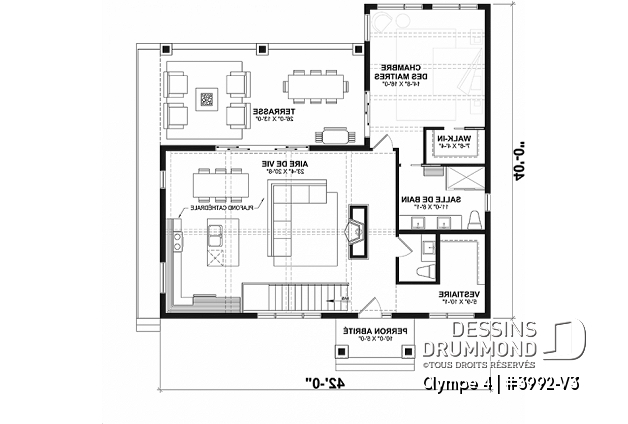 Rez-de-chaussée - Plan de plain-pied, sous-sol en rez-de-jardin, 3 chambres 2.5 s.bain, plafond cathédral avec poutres de bois - Olympe 4