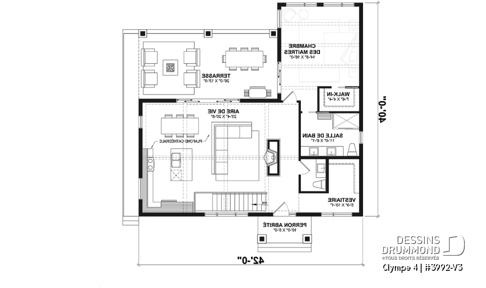 Rez-de-chaussée - Plan de maison ou chalet champêtre – rez-de-jardin, 3 chambres et 2 terrasses couvertes - Olympe 4