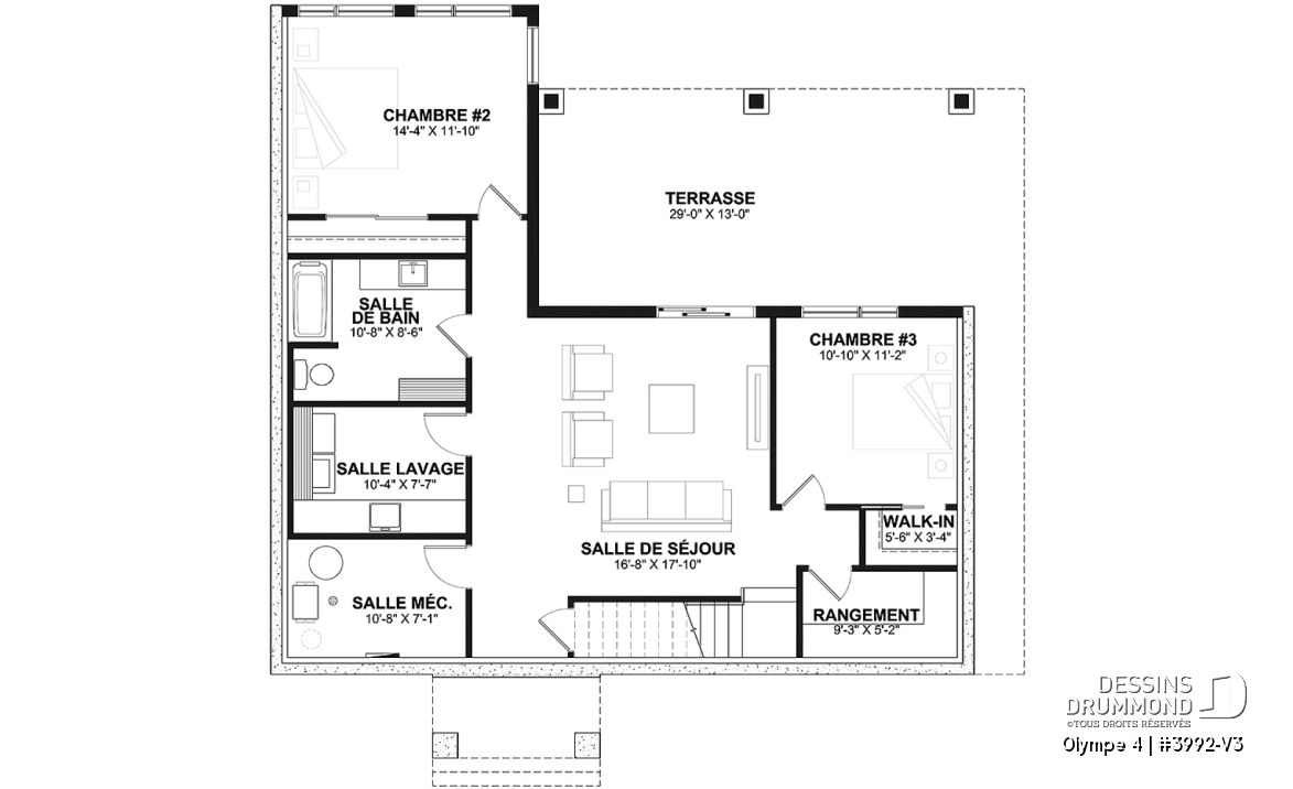 Sous-sol - Plan de maison ou chalet champêtre – rez-de-jardin, 3 chambres et 2 terrasses couvertes - Olympe 4