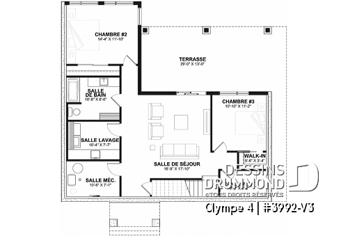 Sous-sol - Plan de plain-pied, sous-sol en rez-de-jardin, 3 chambres 2.5 s.bain, plafond cathédral avec poutres de bois - Olympe 4