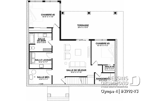 Sous-sol - Plan de plain-pied, sous-sol en rez-de-jardin, 3 chambres 2.5 s.bain, plafond cathédral avec poutres de bois - Olympe 4