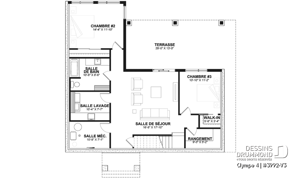 Sous-sol - Plan de maison ou chalet champêtre – rez-de-jardin, 3 chambres et 2 terrasses couvertes - Olympe 4